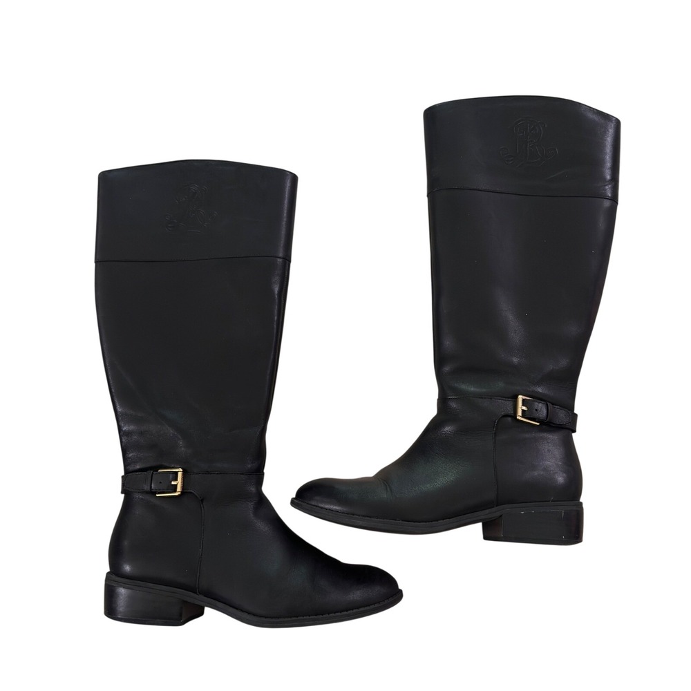 Lauren Ralph Lauren Madisen Riding Boots Black Leather Monogram 7B